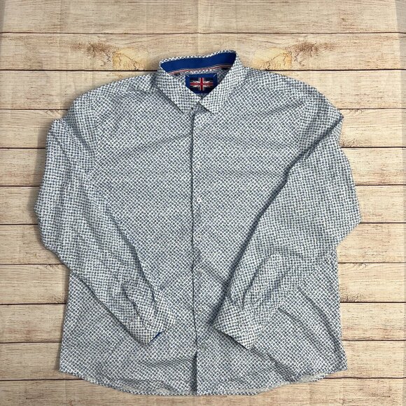 Soul of London Size XXL Geometric Print Button Down Shirt Blue White Long Sleeve - Picture 1 of 9